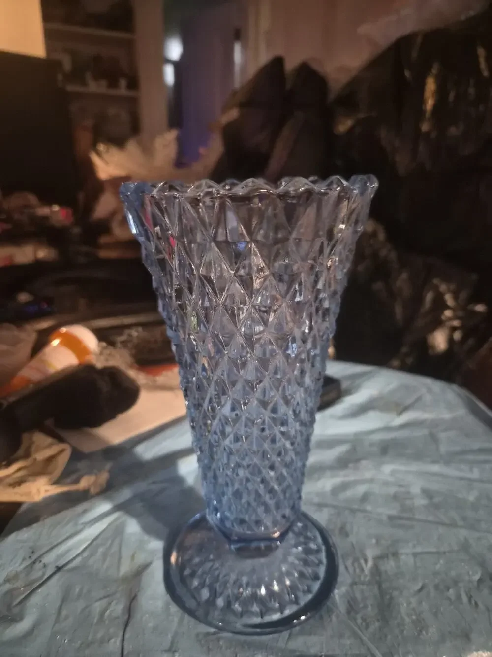 Vintage Indiana Glass Diamond Point vase In Azure blue has A Diamond...